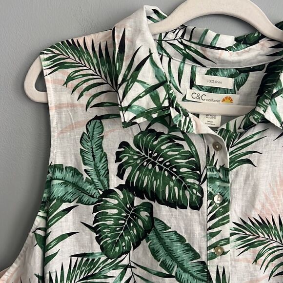C & C California Women’s 2X 100% Linen sleeveless palm tree tropical dress - Picture 3 of 13